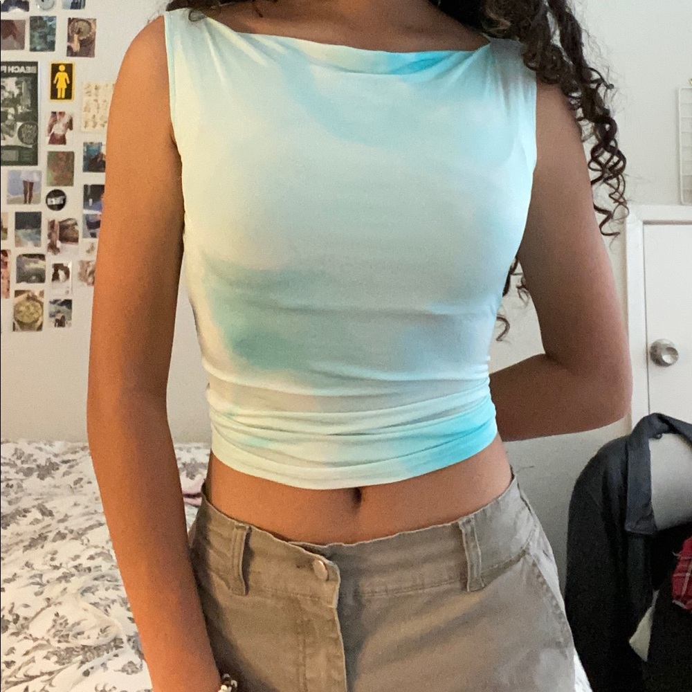 blue silky straight neck blouse